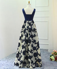 Stylish Dark Blue A Line V Neck Long Semi Formal Prom Dress, Dark Blue Evening Dress