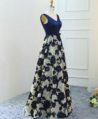 Stylish Dark Blue A Line V Neck Long Semi Formal Prom Dress, Dark Blue Evening Dress