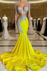 Yellow Scoop Semi Formal Prom Dresses with Beadings and Tassels - Mermaid Long