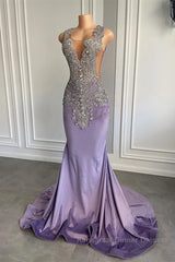 Lilac Mermaid Semi Formal Prom Dresses with Scoop Neckline Sleeveless and Crystal Beadings
