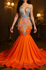 Orange Sleeveless Illusion Mermaid Semi Formal Prom Dresses With Beadings and Feather