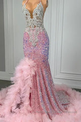 Pink Halter Mermaid Semi Formal Prom Dresses with Sequins Beadings and Tulle Ruffle