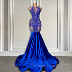 Sleeveless Royal Blue Scoop Neck Mermaid Semi Formal Prom Dresses with Beadings