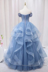 Adult Dress A-Line Blue Sheer Long Ball Dress Blue Sweet Dress Off Shoulder Semi Formal Prom Dresses