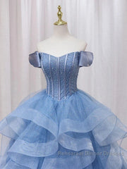 Adult Dress A-Line Blue Sheer Long Ball Dress Blue Sweet Dress Off Shoulder Semi Formal Prom Dresses