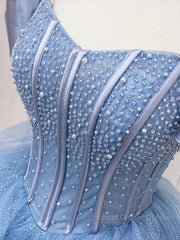 Adult Dress A-Line Blue Sheer Long Ball Dress Blue Sweet Dress Off Shoulder Semi Formal Prom Dresses