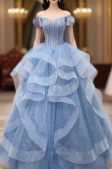 Adult Dress A-Line Blue Sheer Long Ball Dress Blue Sweet Dress Off Shoulder Semi Formal Prom Dresses