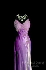 Aesthetic A Line Halter Neckline Lilac Satin Semi Formal Prom Dress Ruffle Long Party Dress