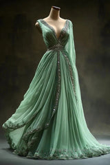 Aesthetic A-Line V Neckline Green Tulle Long Semi Formal Prom Dress Sweet Beaded Evening Dress