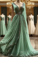 Aesthetic A-Line V Neckline Green Tulle Long Semi Formal Prom Dress Sweet Beaded Evening Dress