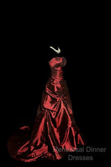 Aesthetic Ball Gown Strapless Burgundy Taffeta Semi Formal Prom Dress Ruffle Long Party Dress