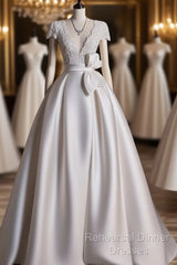 Aesthetic Ball Gown V Neckline Satin White Long Wedding Dresses Brides Dress