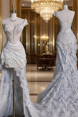 Aesthetic High Low One Shoulder Lace White Long Wedding Dresses