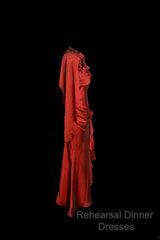 Aesthetic Mermaid Halter Neckline Red Satin Semi Formal Prom Dress Ruffle Long Party Dress