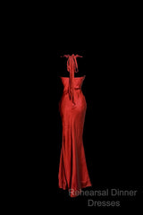 Aesthetic Mermaid Halter Neckline Red Satin Semi Formal Prom Dress Ruffle Long Party Dress