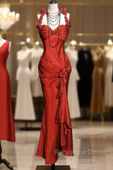Aesthetic Mermaid Halter Neckline Red Satin Semi Formal Prom Dress Ruffle Long Party Dress