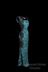 Aesthetic Mermaid Square Neckline Blue Taffeta Semi Formal Prom Dress Ruffle Long Party Dress