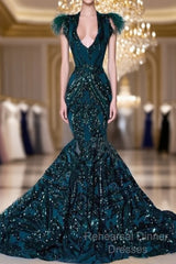 African Black Girls Court Train Feather V Neck Sexy Formal Party Gowns Semi Formal Prom Dress