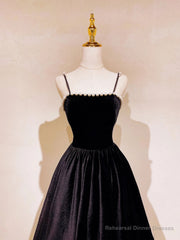 Aline Black Velvet Long Prom Dress, Black Formal Graduation With Beading