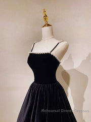 Aline Black Velvet Long Semi Formal Prom Dress, Black Formal Graduation With Beading