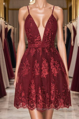 Aline v neck tulle lace short burgundy Semi Formal Prom Dresses, backless burgundy homecoming Dresses
