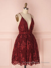 Aline v neck tulle lace short burgundy Semi Formal Prom Dresses, backless burgundy homecoming Dresses