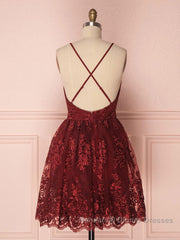 Aline v neck tulle lace short burgundy Semi Formal Prom Dresses, backless burgundy homecoming Dresses
