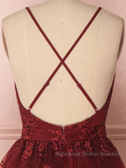 Aline v neck tulle lace short burgundy Semi Formal Prom Dresses, backless burgundy homecoming Dresses