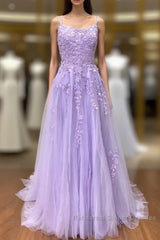 Amazing Lilac Straps Long Lace Semi Formal Prom Dress With Appliques