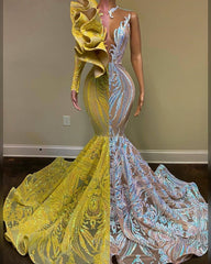 Amazing V-Neck One Shoulder Long Sleeve Long Mermaid Semi Formal Prom Dresses