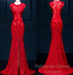Appliques Lace Mermaid Evening Dress, Sexy Red Long Semi Formal Prom Dress