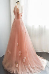 Appliques Straps Long Pink Tulle Flowers Semi Formal Prom Dress