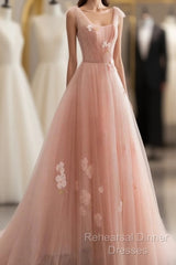 Appliques Straps Long Pink Tulle Flowers Semi Formal Prom Dress
