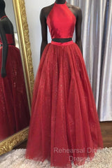Back Two Piece Halter Sparkle Lace-Up Red Long Semi Formal Prom Dress