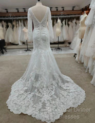 Backless Bohemian Simple V-Neck Long Sleeve Lace Wedding Dress With Train