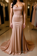 Backless Champagne Long Semi Formal Prom Dresses with High Slit, Long Champagne Formal Graduation Evening Dresses