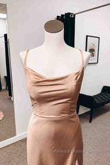 Backless Champagne Long Semi Formal Prom Dresses with High Slit, Long Champagne Formal Graduation Evening Dresses