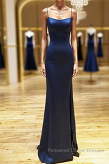 Backless Dark Navy Blue Long Semi Formal Prom Dresses, Dark Navy Blue Formal Graduation Evening Dresses