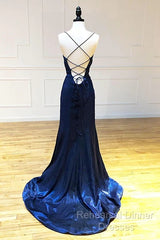 Backless Dark Navy Blue Long Semi Formal Prom Dresses Evening Dresses
