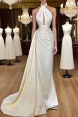 Backless Evening Dresses Mermaid Halter Floor Length Satin Long Turkey Dubai Saudi Arabic Evening Gown Semi Formal Prom Dresses
