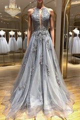 Backless Gray Lace Semi Formal Prom Dresses, Backless Gray Lace Formal Evening Graduation Dresses