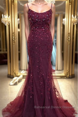 Backless Mermaid Beaded Maroon Lace Long Semi Formal Prom Dresses, Backless Burgundy Lace Formal Dresses, Burgundy Tulle Evening Dresses
