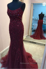 Backless Mermaid Beaded Maroon Lace Long Semi Formal Prom Dresses, Backless Burgundy Lace Formal Dresses, Burgundy Tulle Evening Dresses