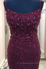 Backless Mermaid Beaded Maroon Lace Long Semi Formal Prom Dresses, Backless Burgundy Lace Formal Dresses, Burgundy Tulle Evening Dresses