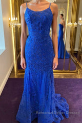 Backless Mermaid Blue Lace Tulle Long Semi Formal Prom Dresses, Mermaid Blue Formal Dresses, Blue Lace Evening Dresses