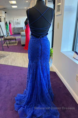 Backless Mermaid Blue Lace Tulle Long Semi Formal Prom Dresses, Mermaid Blue Formal Dresses, Blue Lace Evening Dresses