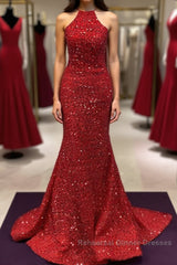 Backless Mermaid Burgundy Sequins Long Semi Formal Prom Dresses, Mermaid Burgundy Formal Dresses, Burgundy Evening Dresses