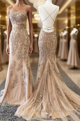 Backless Mermaid Champagne Lace Semi Formal Prom Dresses, Champagne Backless Mermaid Lace Formal Evening Dresses