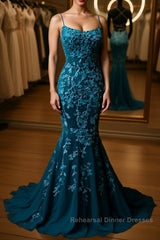 Backless Mermaid Dark Teal Lace Long Semi Formal Prom Dresses, Mermaid Teal Lace Long Formal Evening Dresses