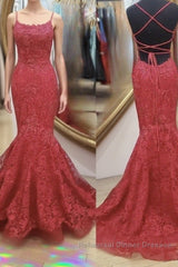 Backless Mermaid Red Lace Long Semi Formal Prom Dresses, Mermaid Red Lace Formal Dresses, Red Lace Evening Dresses